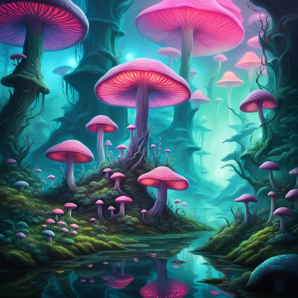 Fluorescent Fantasy Landscape in Hyperrealistic Style