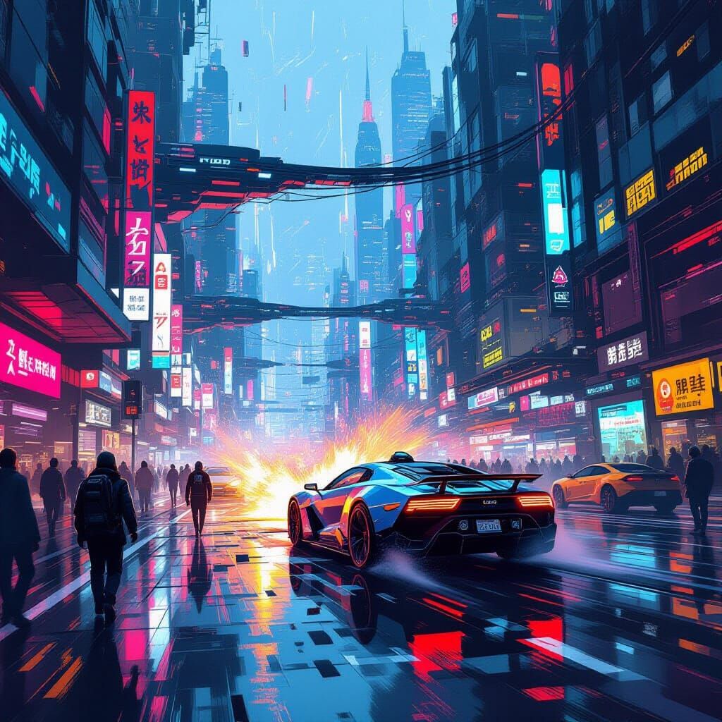 Futuristic City Street Scene in Cyberpunk Style