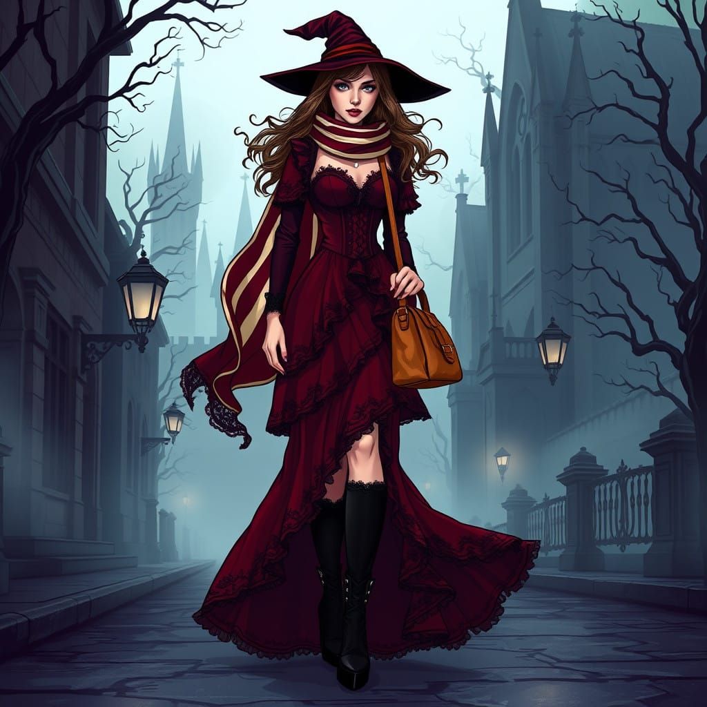 Ethereal Victorian Witch Struts Through Gothic Landscape