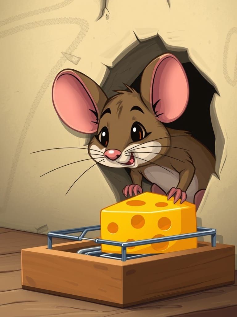 Cartoon Mouse and Cheese in Mousetrap