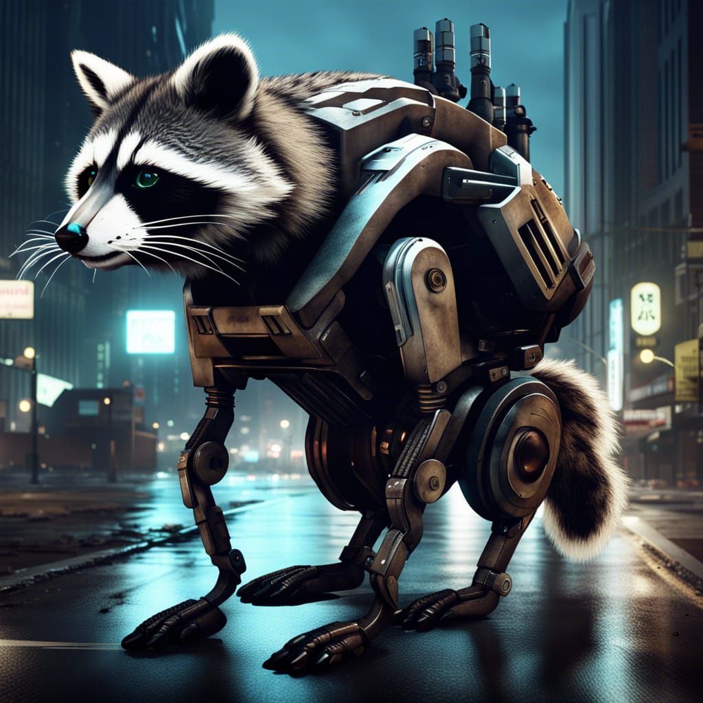 Raccoon Mech Roams Dystopian City at Night