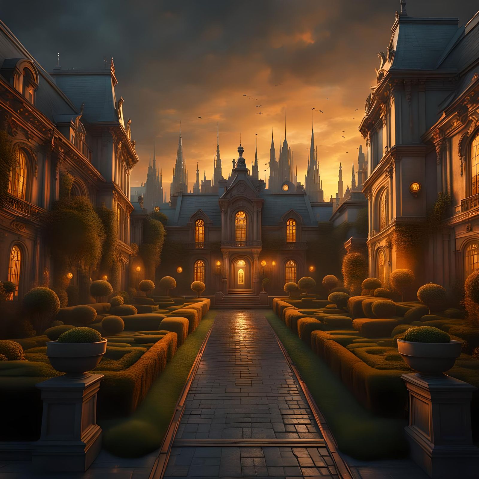 Gothic Cyberpunk Mansion at Twilight