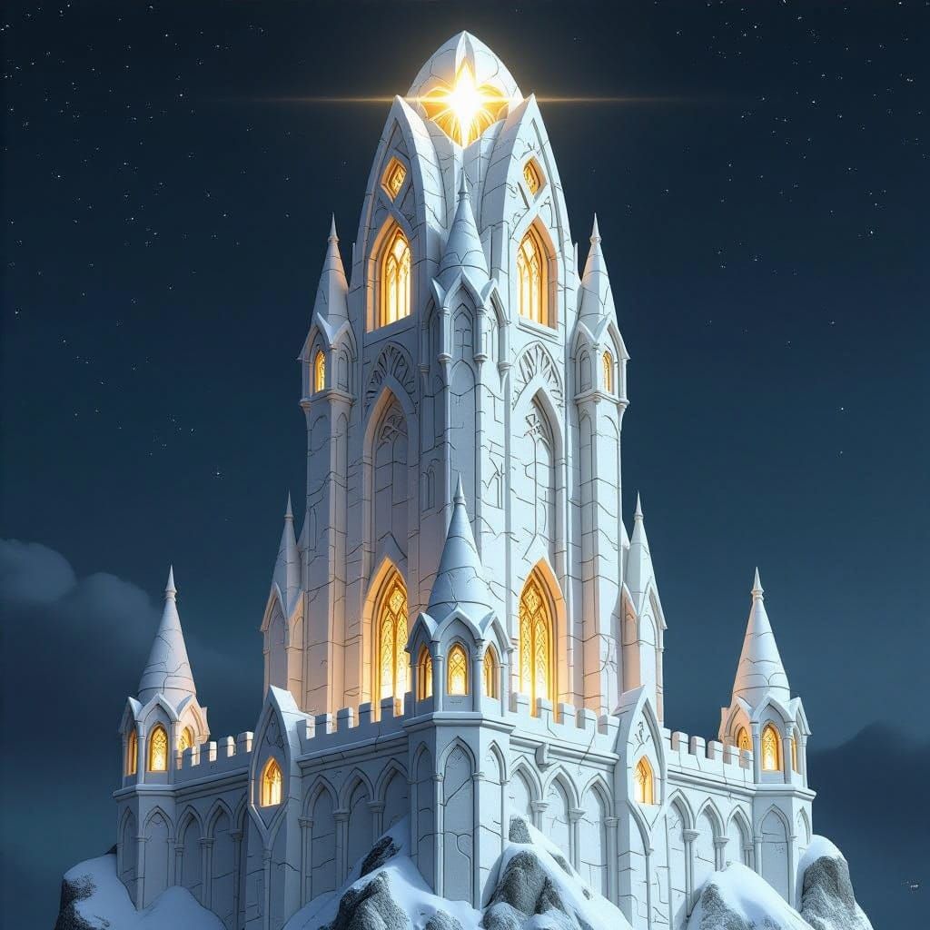 Futuristic Gothic Tower in White Sculpted Stone