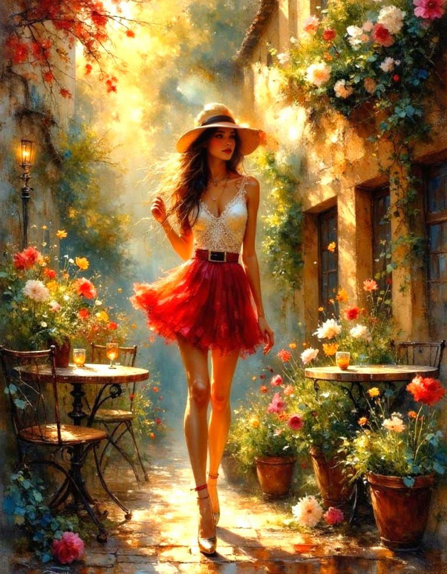 Exotic Pinup Model in French Cafe Scene