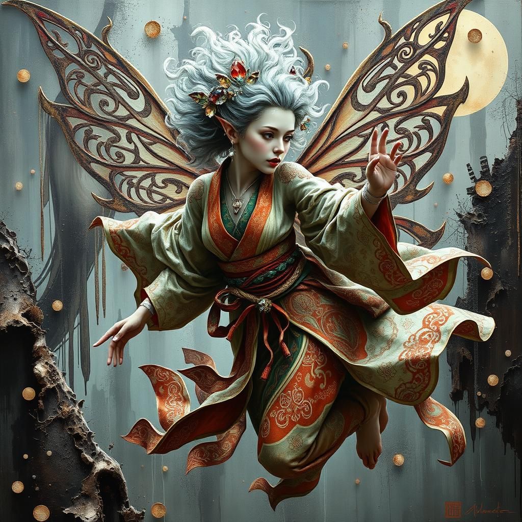 Geisha Fairy Elf in Dystopian Art Deco Surrealism