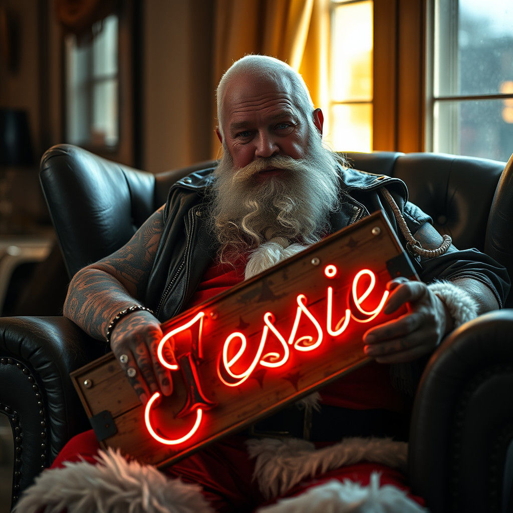 Biker Santa Lounging in Leather Armchair