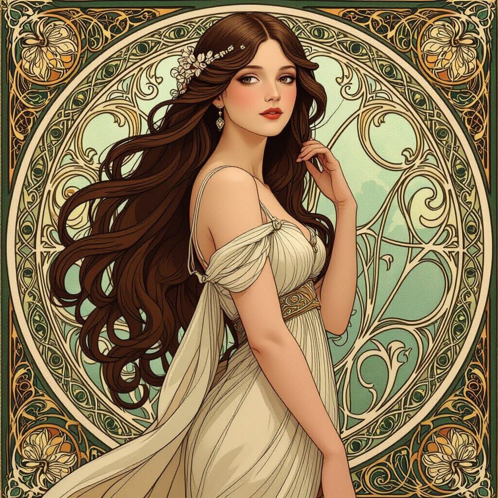 Art Nouveau Woman with Flowing Hair, Photorealistic Image
