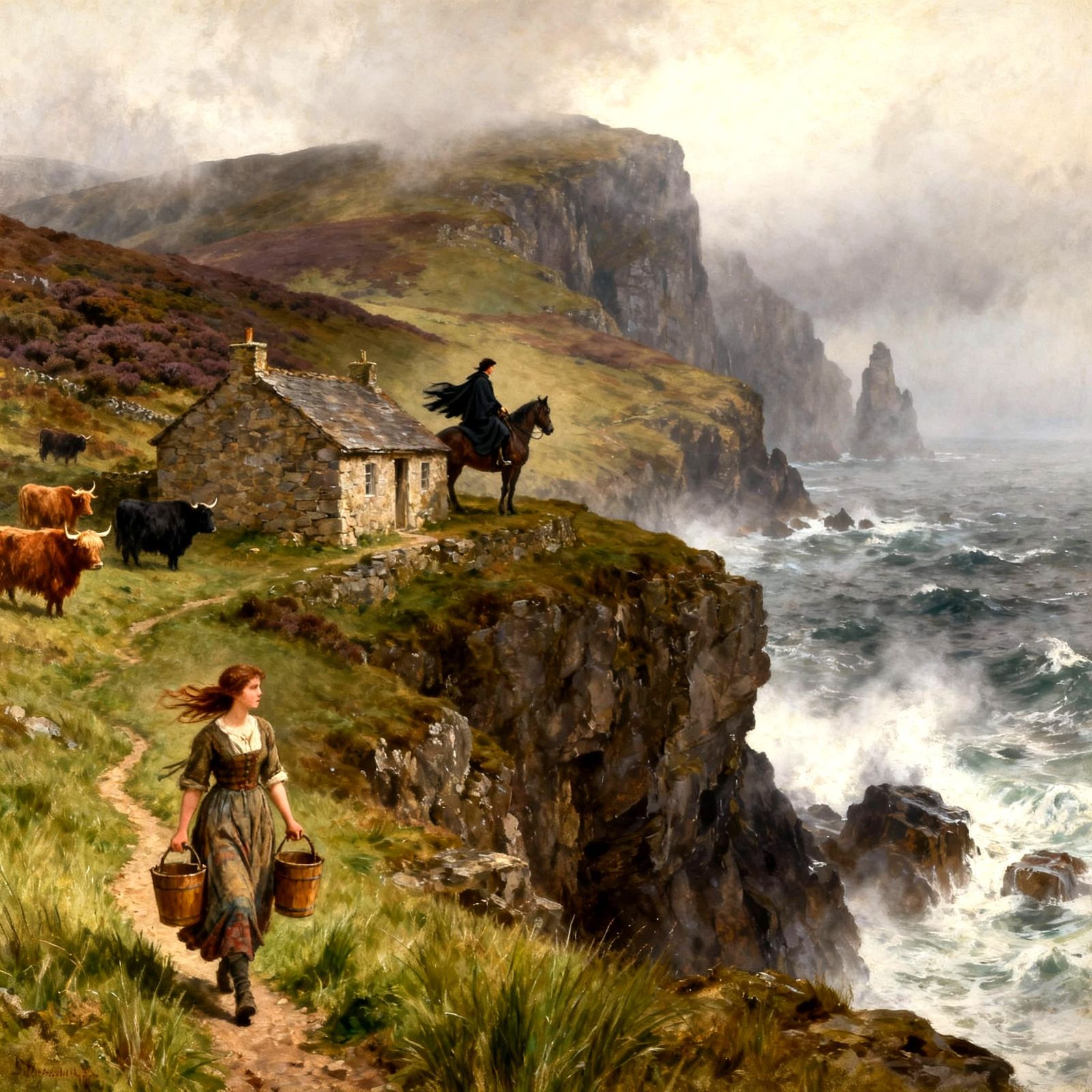 Scottish Coastal Cliff Scene with Cottage and Highland Cattl...