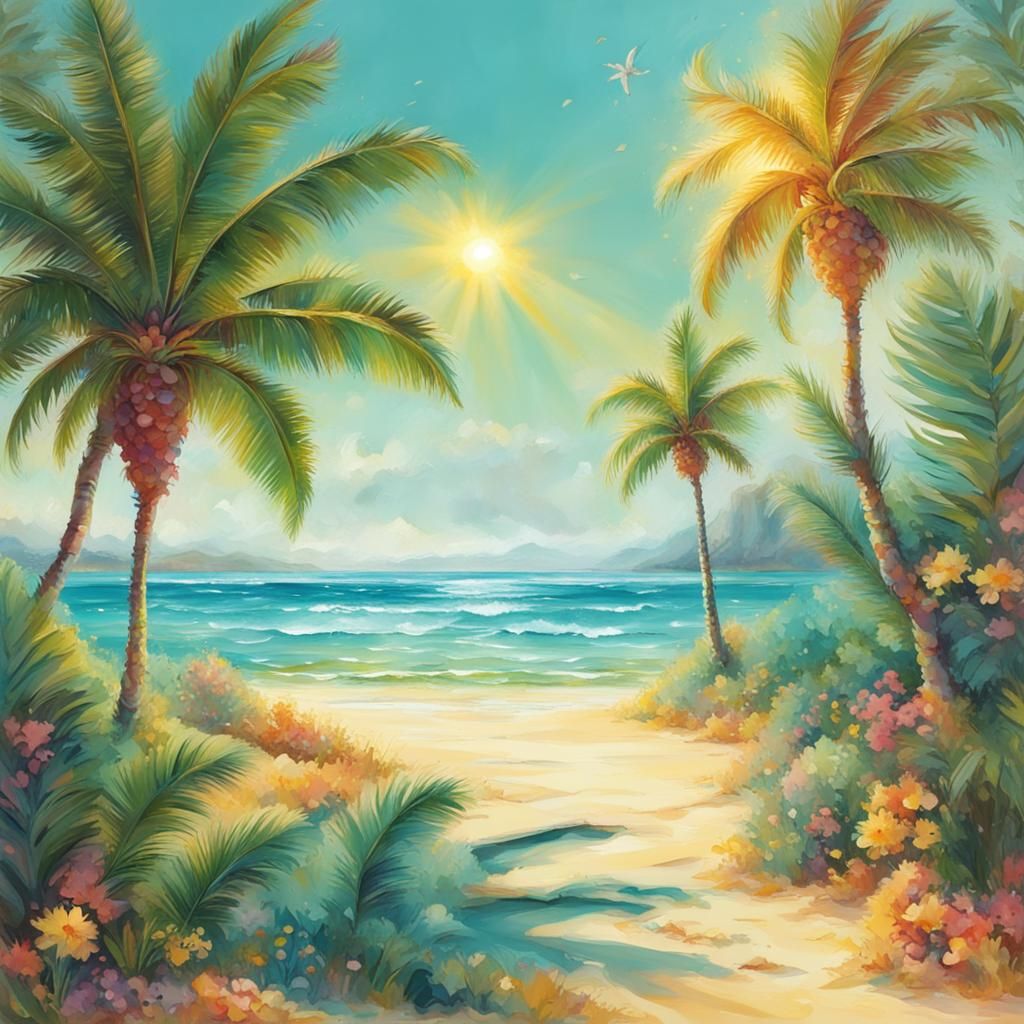 Tropical Palm Island Paradise in Sunlight