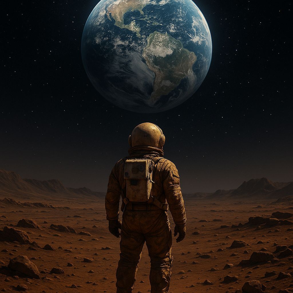 Astronaut on Mars Gazing at Earth in Surreal Style