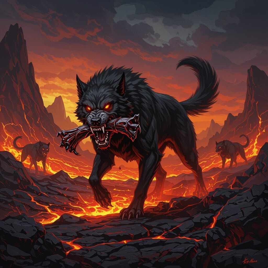 Hell Hounds in Fiery Landscape