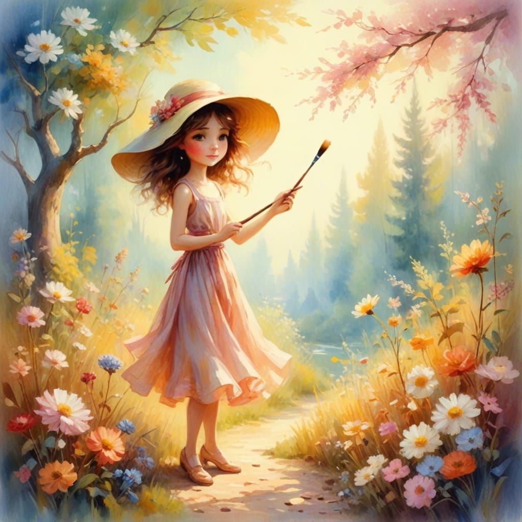 Impressionistic Summer Girl Painting a Landscape