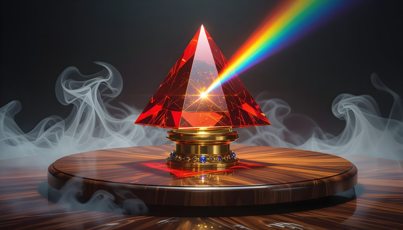 Hyperrealistic Table with Red Crystal Pyramid and Rainbow