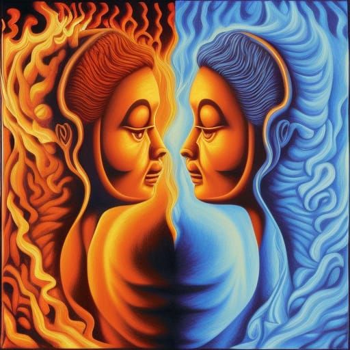Fire and Ice Duality Portrait in Surreal Style