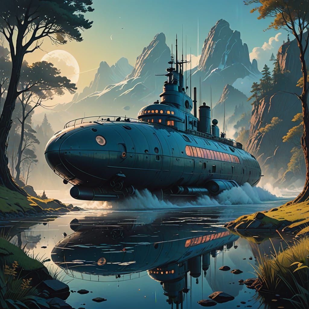 Sleek Submarine Passenger Ship Sails Through Golden Ocean Mi...