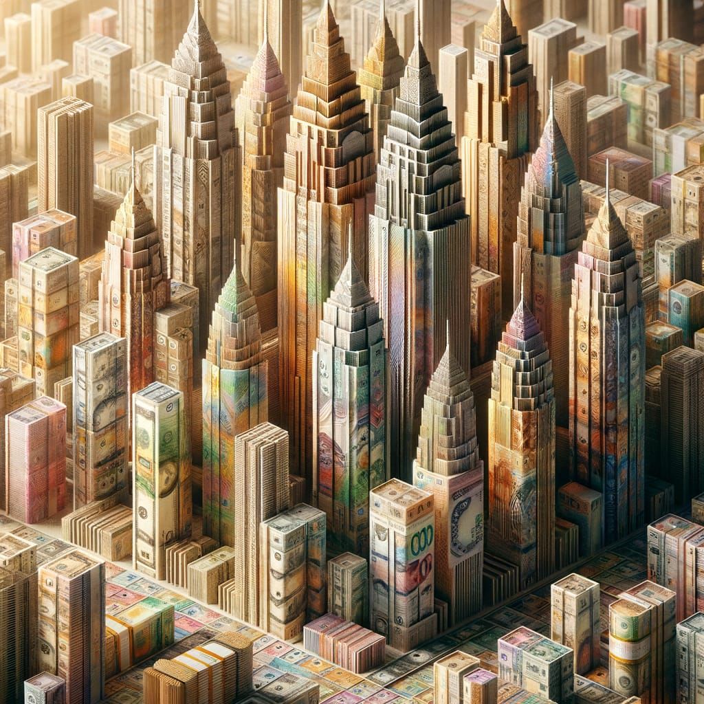 Monetary Metropolis: Cityscape of Banknotes in Golden Light