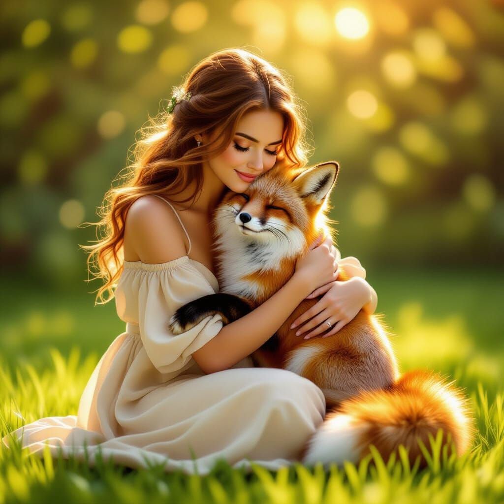 Woman Tenderly Hugs Fox on Lush Lawn in Golden Light