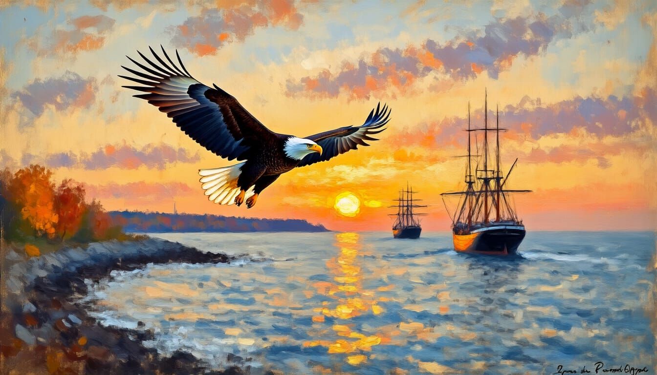 Bald Eagle Soaring, Impressionist Seascape