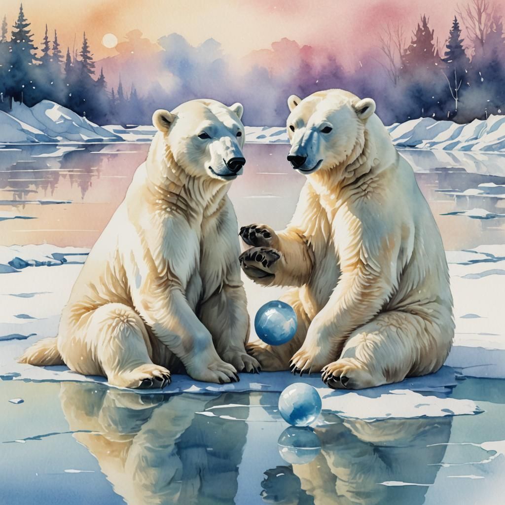 Polar Bears Playing on Ice in Watercolor Style