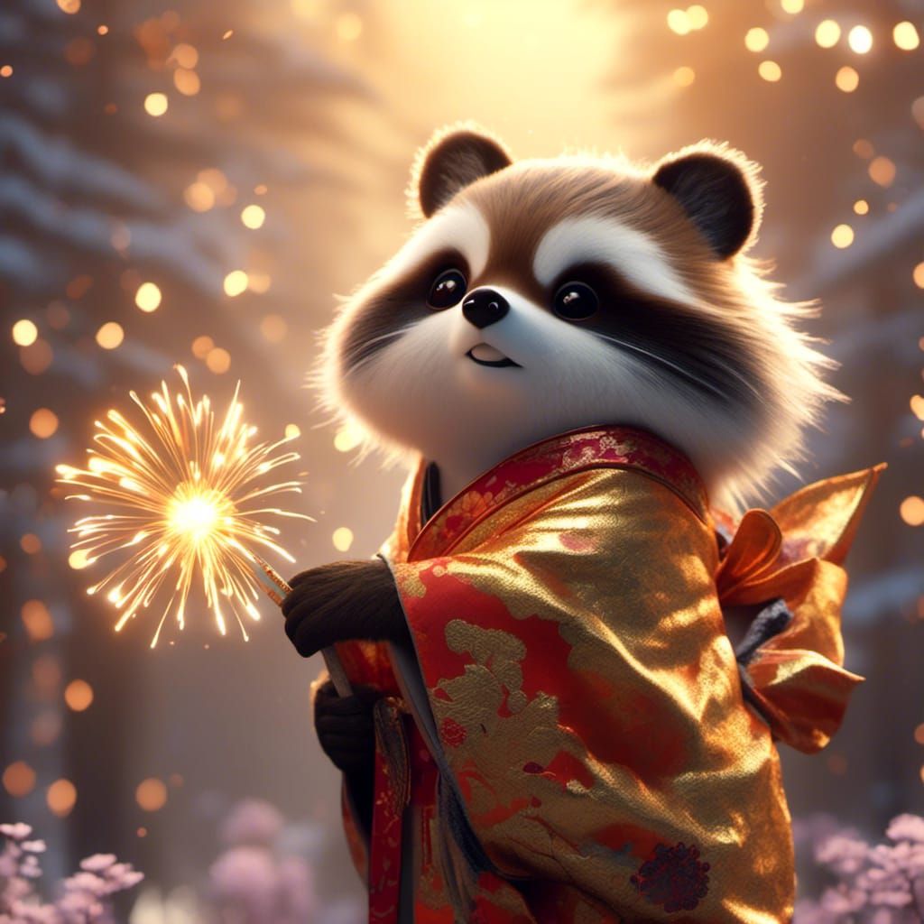 Happy Cartoon Tanuki in Kimono with Fireworks