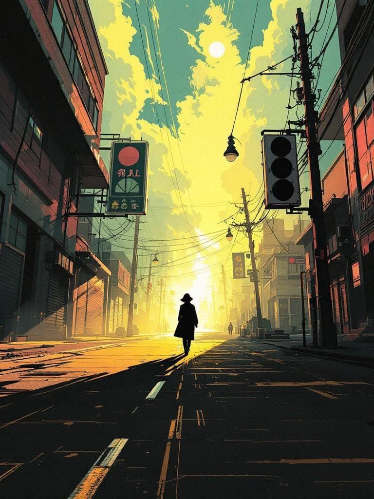 Heroic Figure in Cityscape, Manga Illustration
