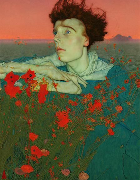 Glowing Swimmer in Poppy Field, Digital Art