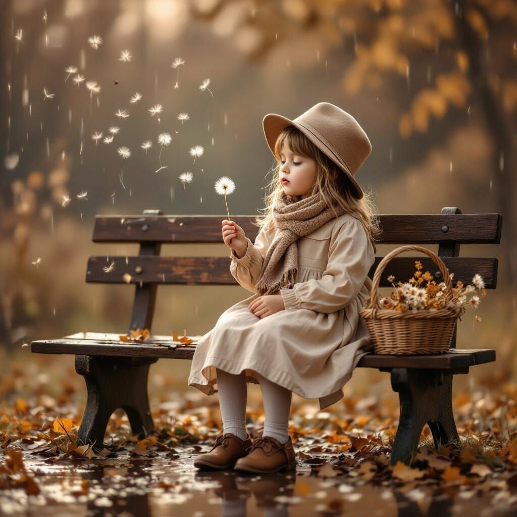 Girl Blowing Dandelions in Gentle Rain