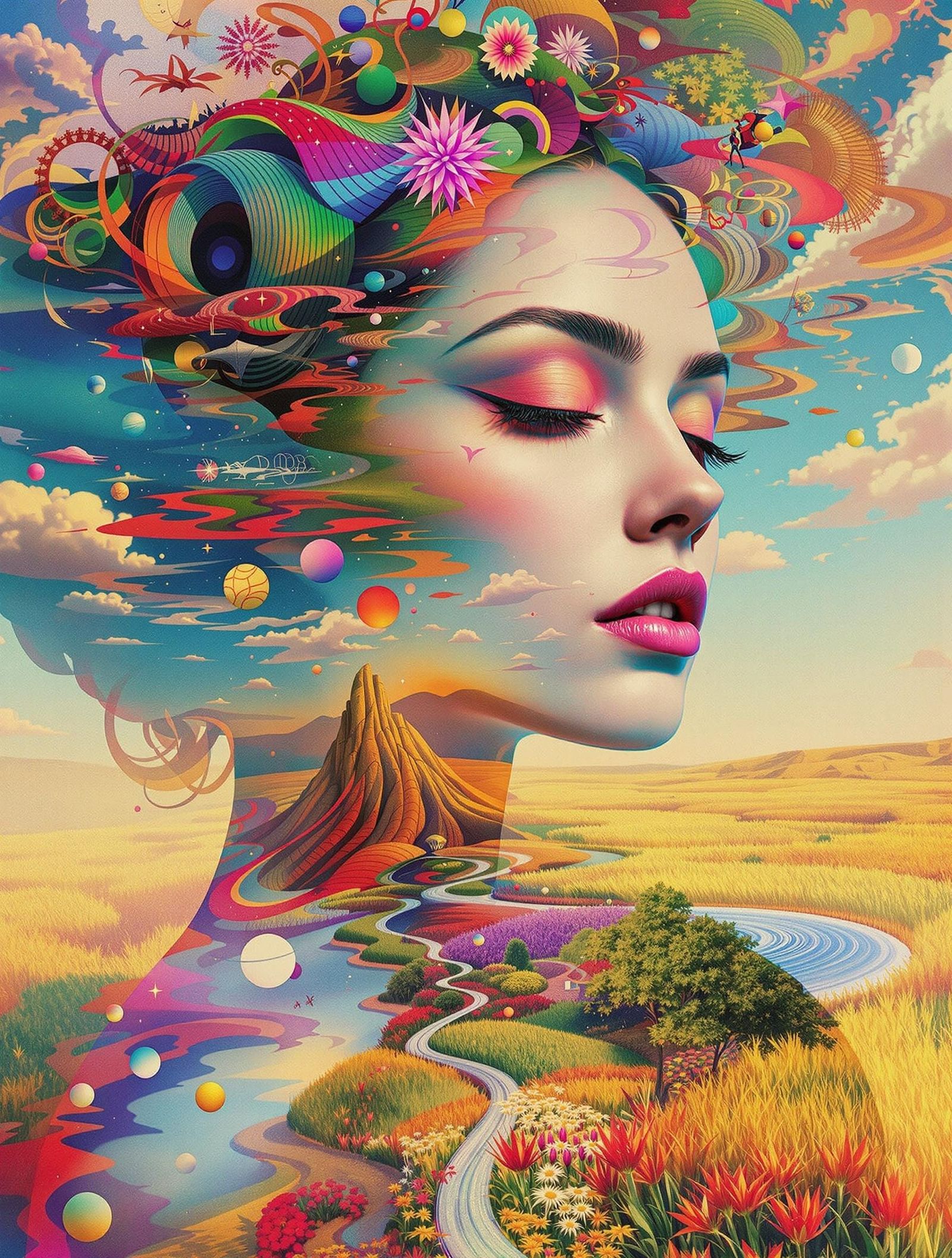 Surreal Woman in Dreamlike Landscape, Multiple Exposures