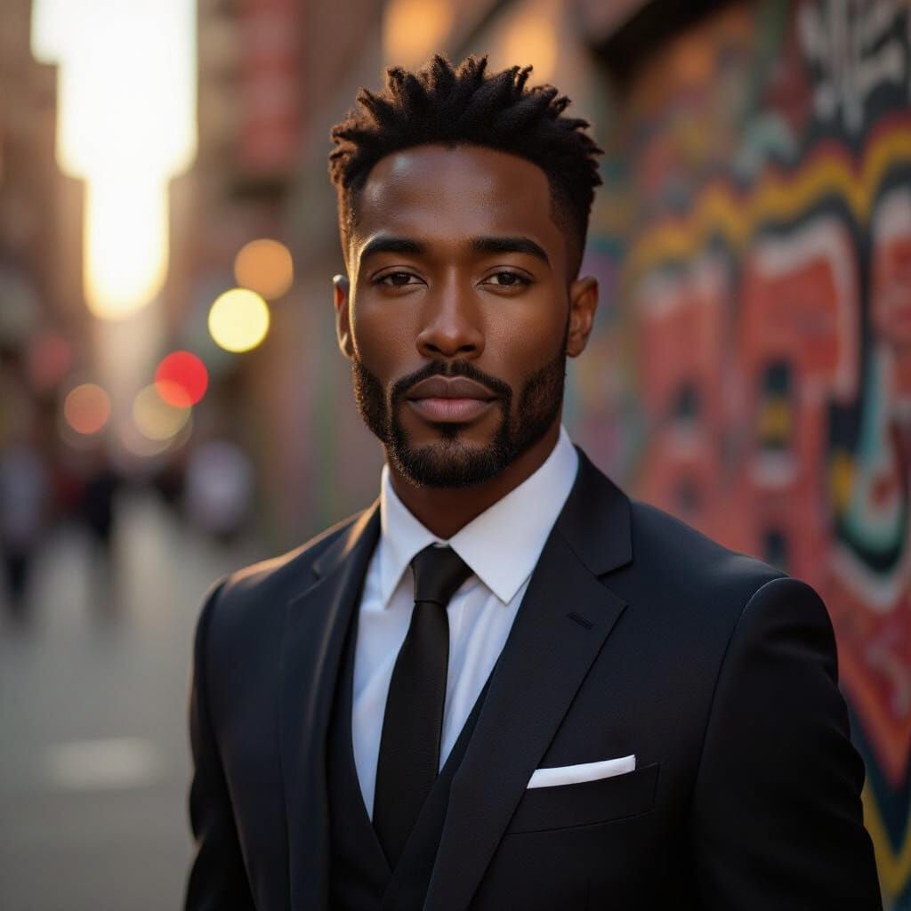 Confident Black Man in Stylish Suit at Golden Hour Cityscape