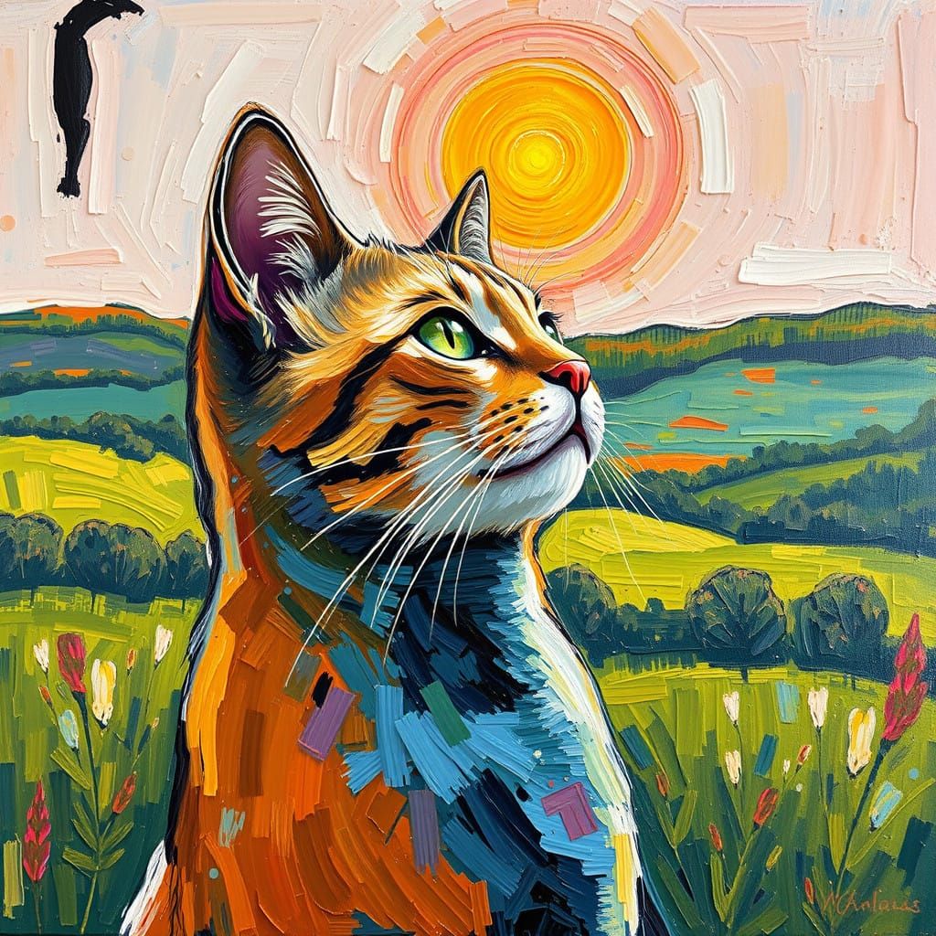 Vibrant Feline Scene in Neo-Impressionist Style