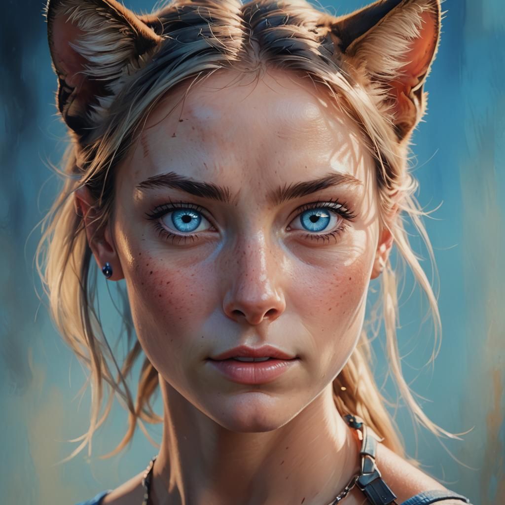 Hyperrealistic Portrait of a Feline Woman with Blue Eyes