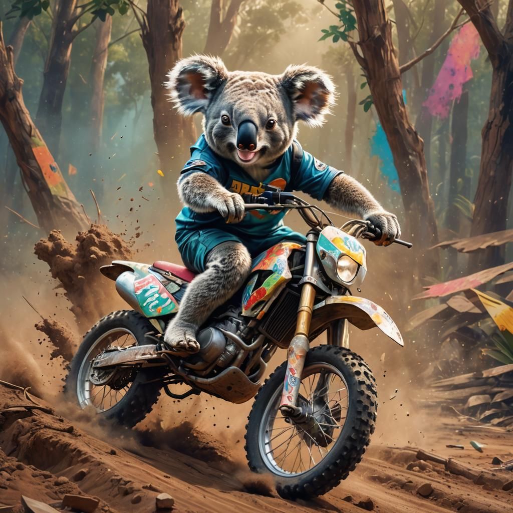 Fluffy Koala on Dirt Bike in Splash Art Style