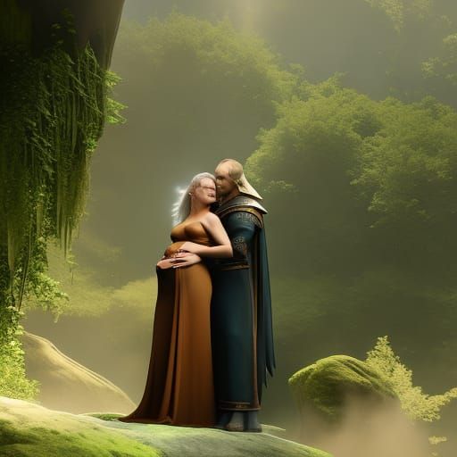 Pregnant Elf Woman Kissing Man: Fantasy Art