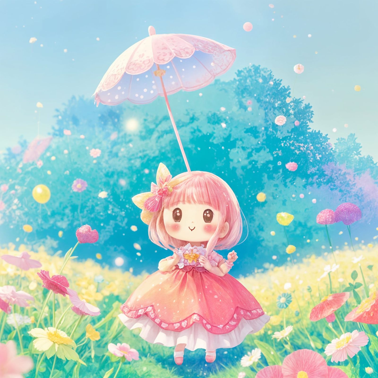 Cheerful Strawberry Character Dances in Flower Field