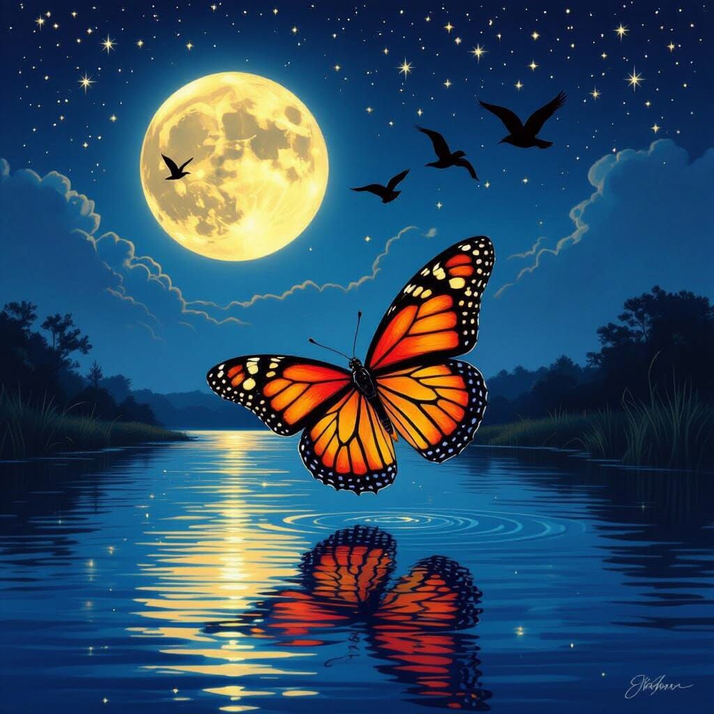Magical Realism Butterfly Over River Under Full Moon