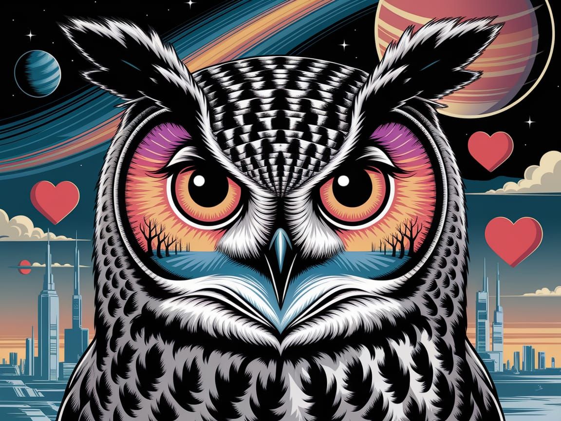 Whimsical Owl in Cosmic Sunset