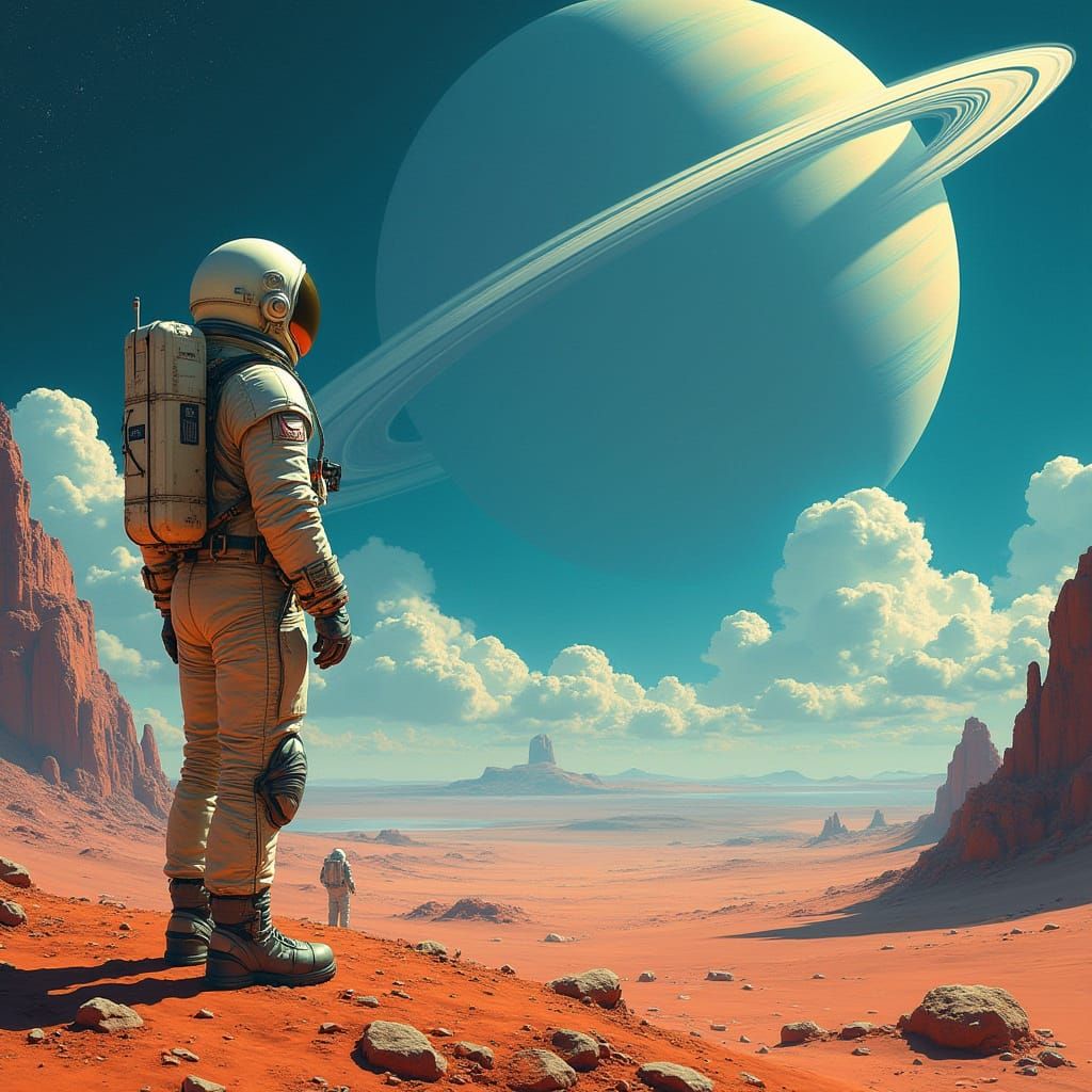 Astronaut Stands Resolute on Alien Planet's Rocky Terrain