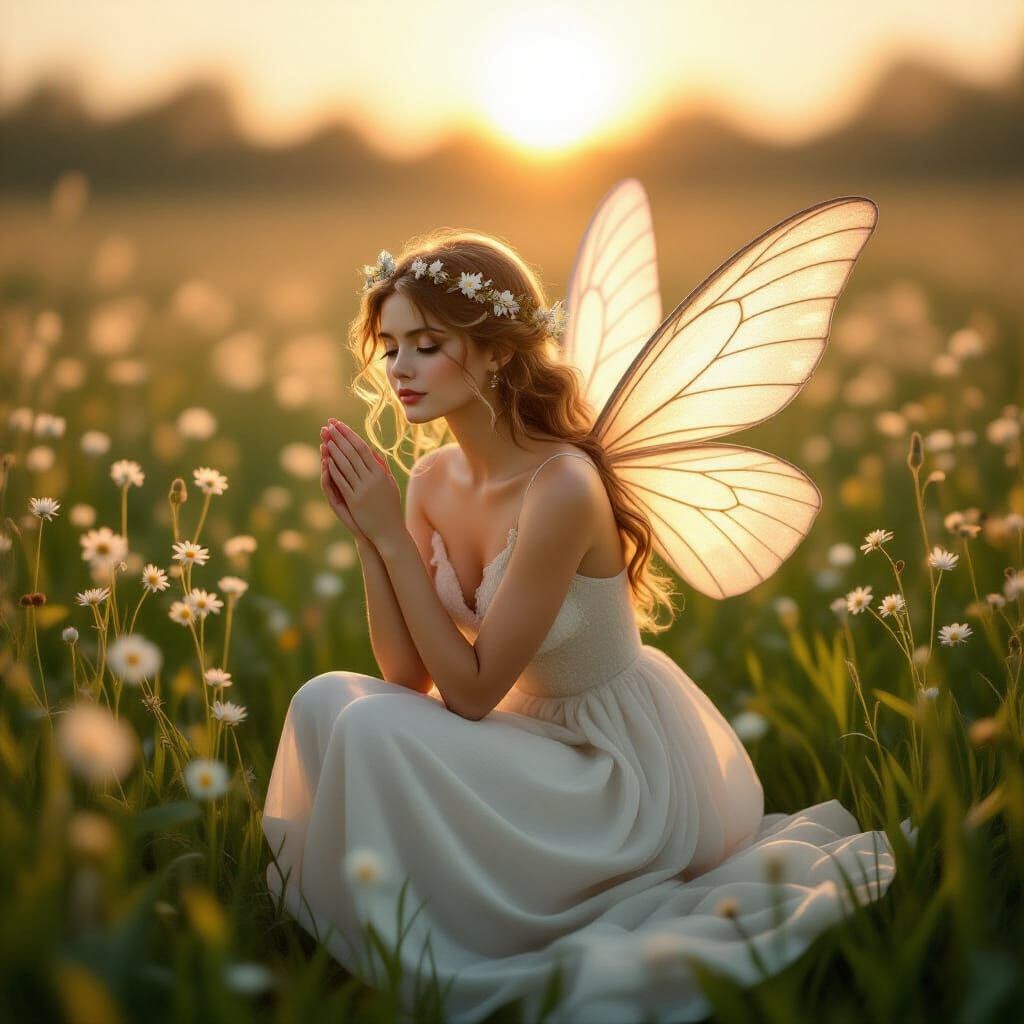 Fairy Lands in Meadow at Dawn with Golden Light