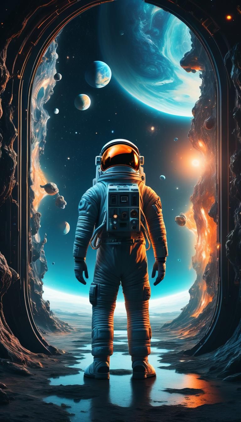 Astronaut at Sci-Fi Gateway to Another Universe