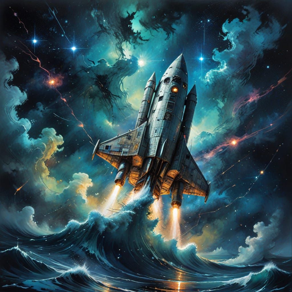 Cyberpunk Spaceship Sails Through Turbulent Nebula