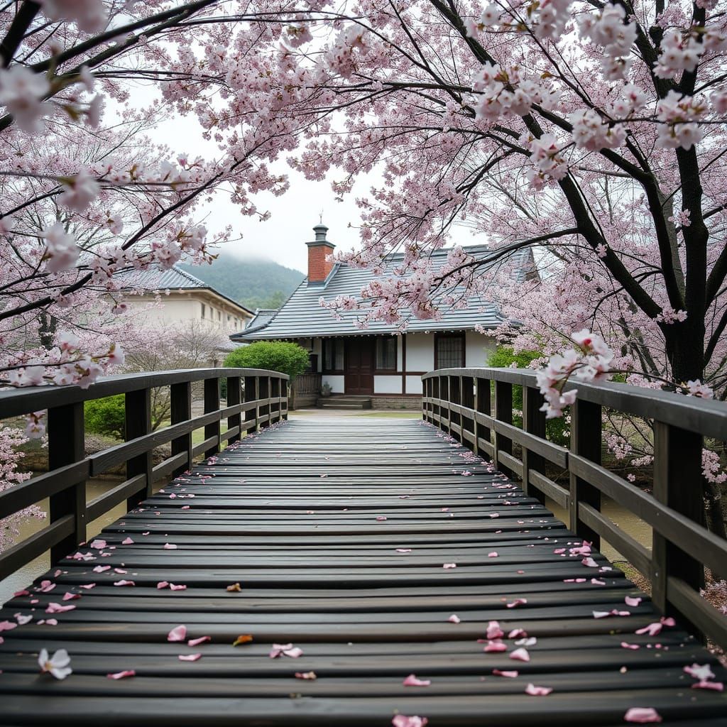 Wooden Bridge Surrounded by Vibrant Sakura Trees in Springti...