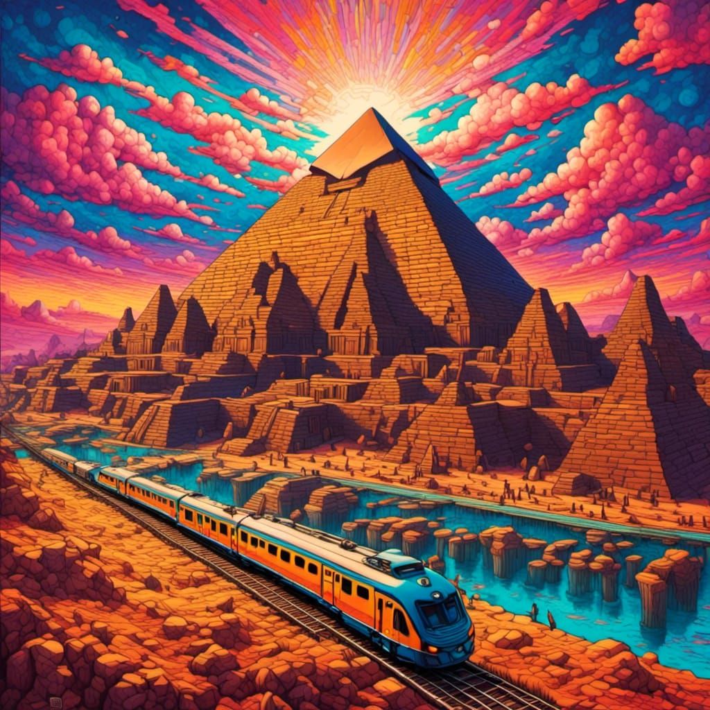 Psychedelic Train Through Egyptian Pyramid Landscape