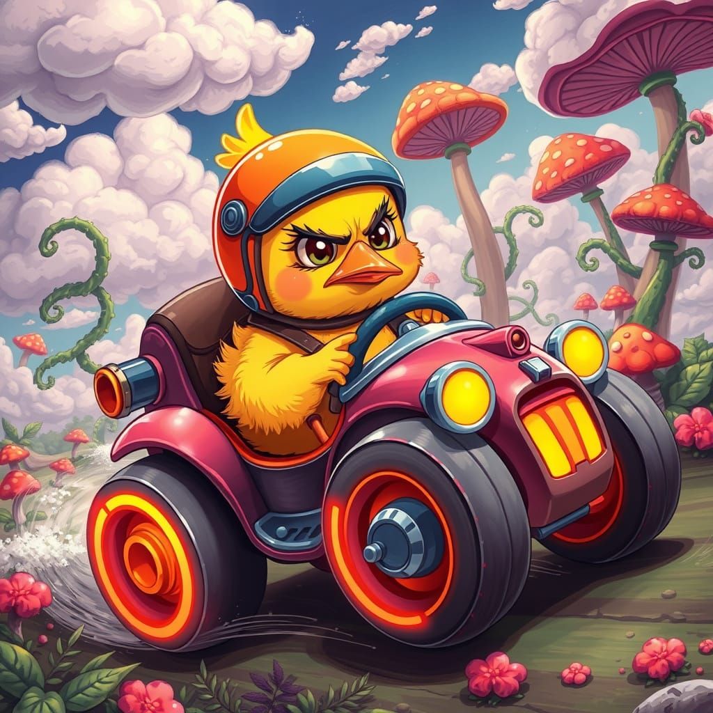 Baby Chick's Whimsical Ride in Cartoon Car