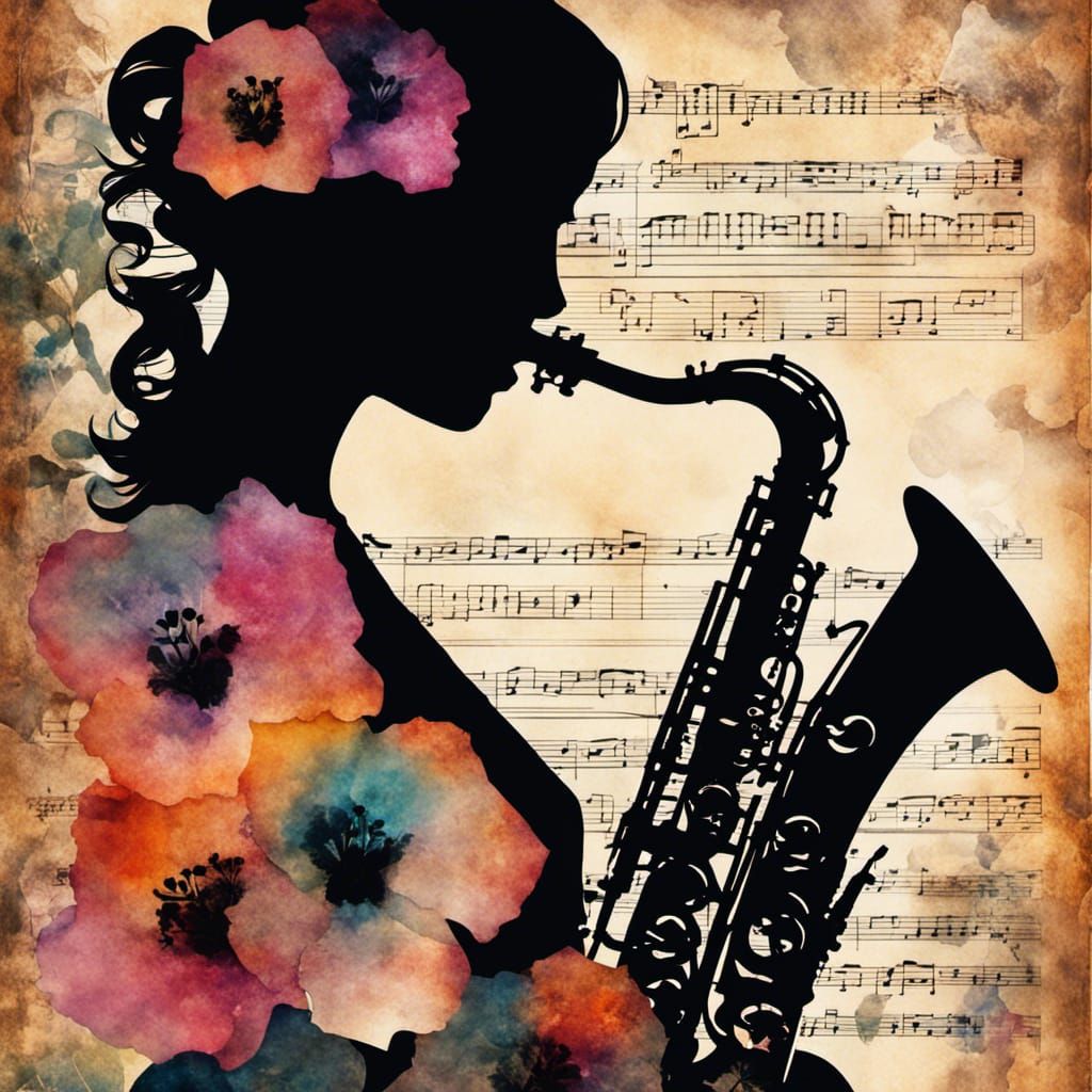 Watercolor Collage: Saxophonist in Space with Floral Accents
