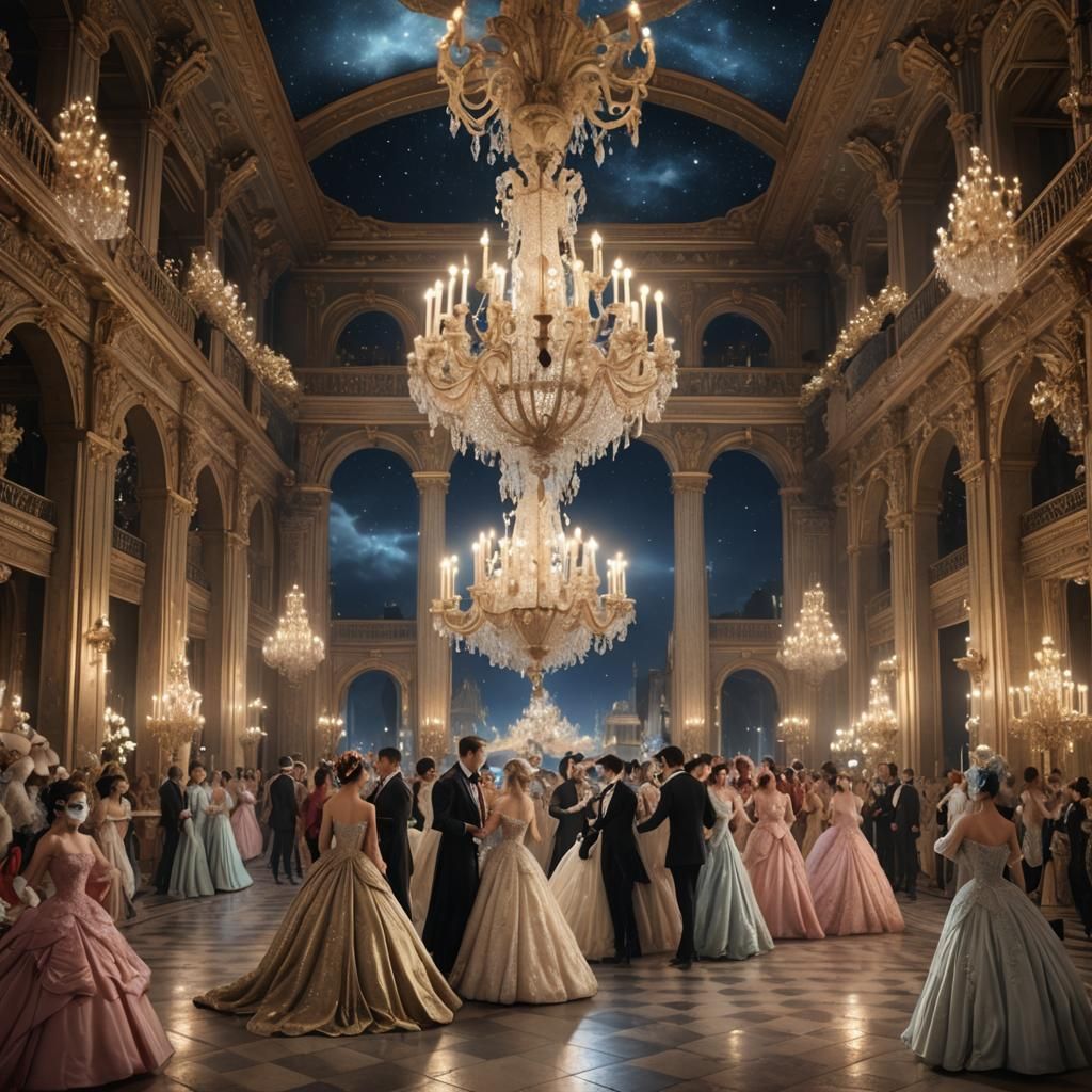 A luxurious scene depicting an enchanting moonlit masquerade ball in a grand palace with sparkling chandeliers, ornate m...