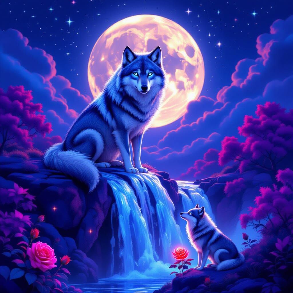 Ethereal Wolf Over Waterfall in Dreamy Digital Art