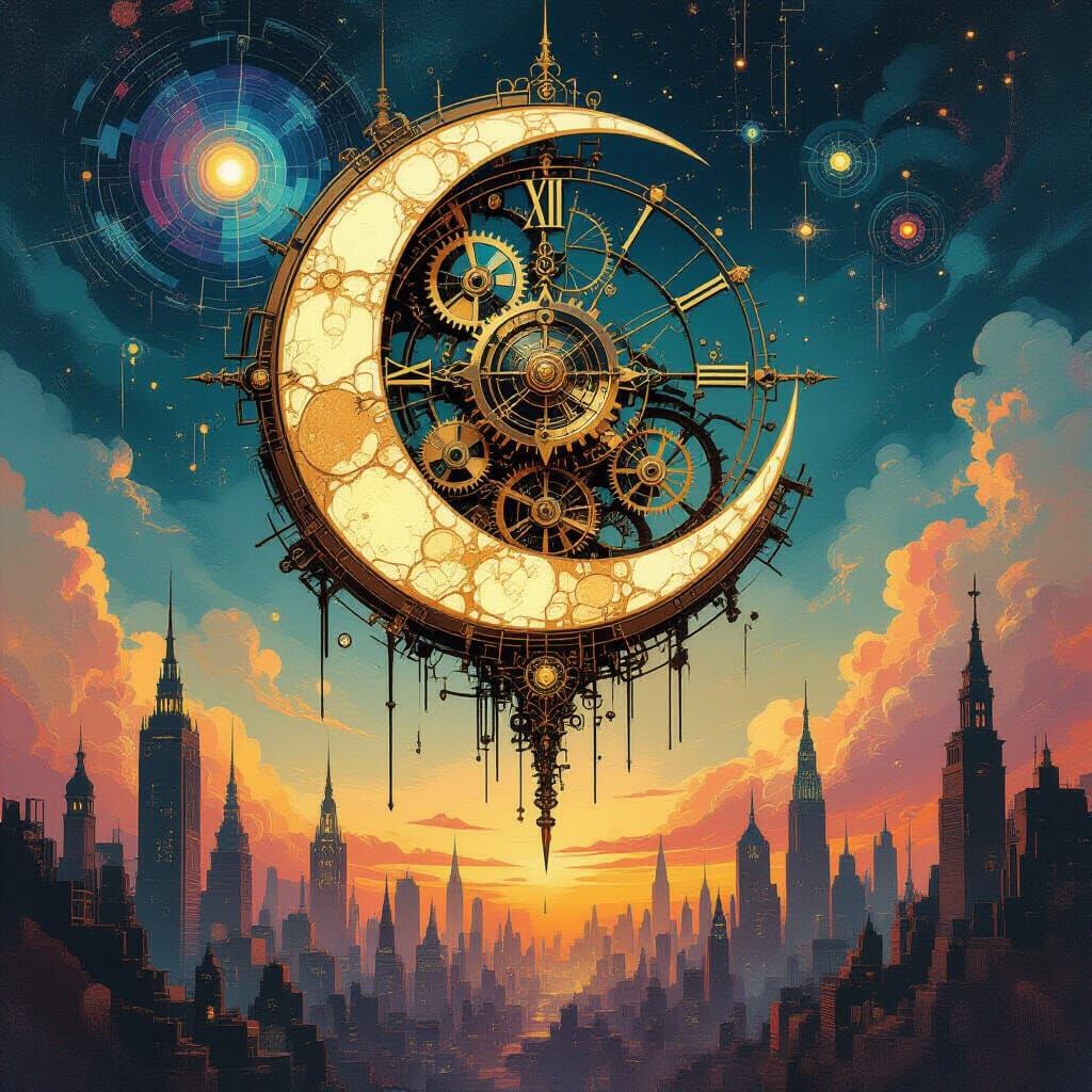 Clockwork Moon in Abstract Sky Above Painterly Cityscape