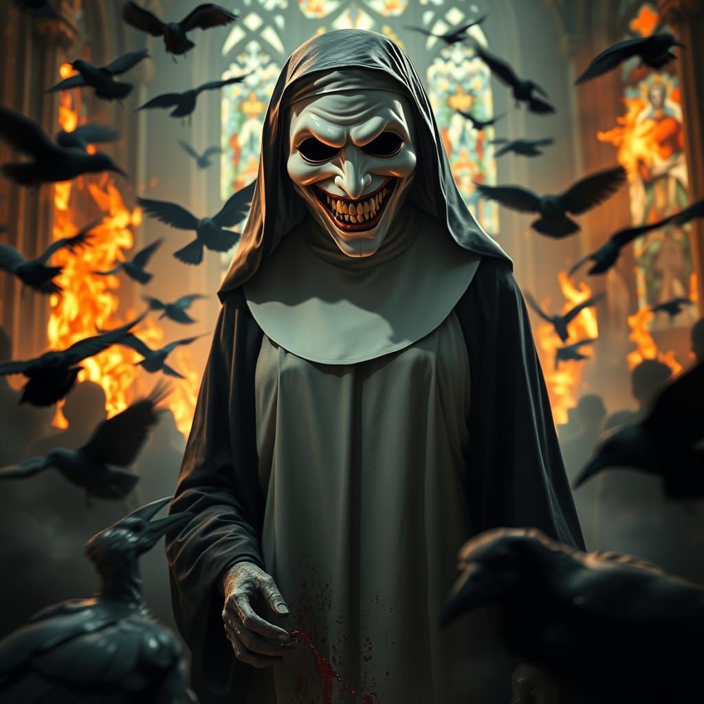 Burning Church Nun in Hyperrealistic Style