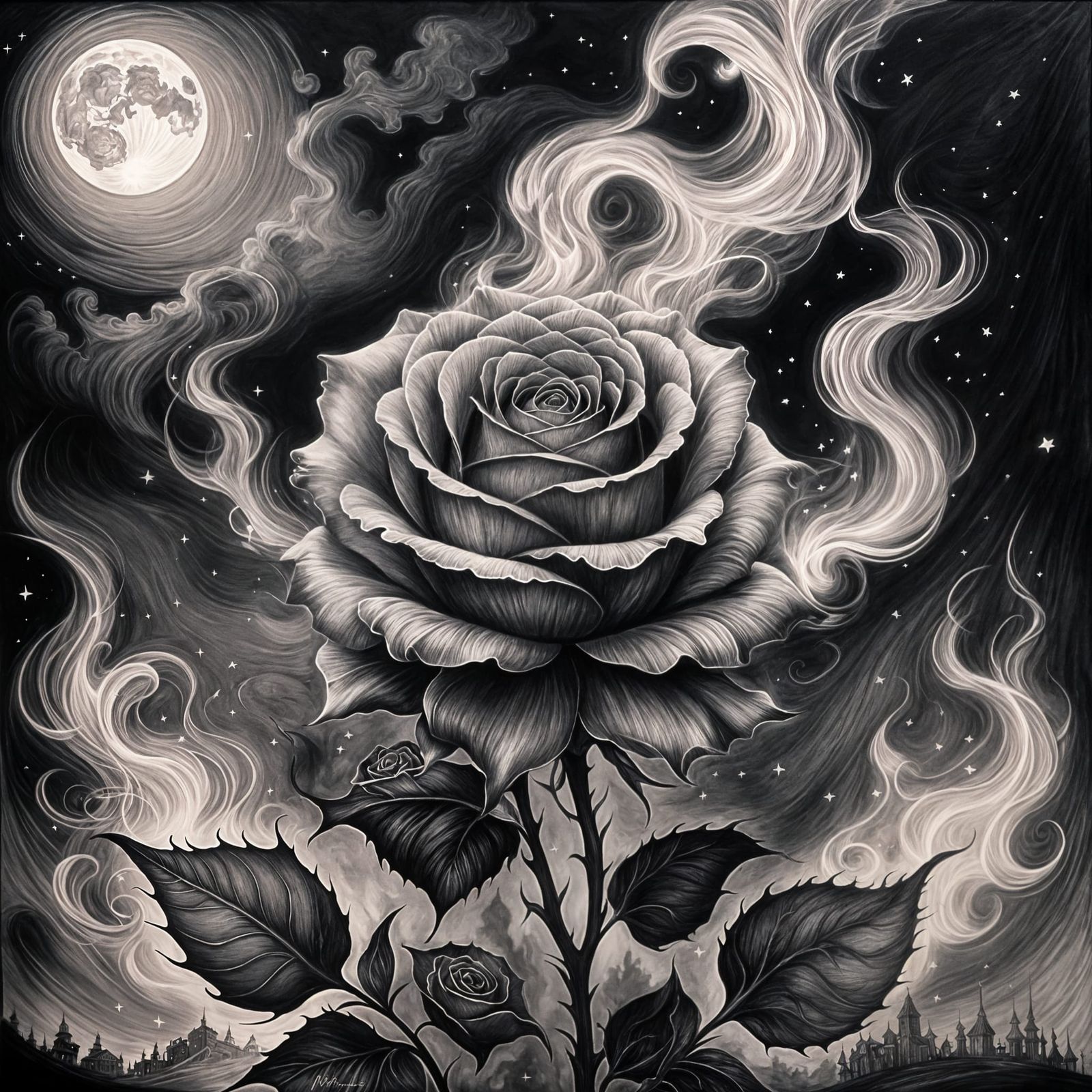 Monochrome Rose in Flames, Dreamcore Charcoal Drawing