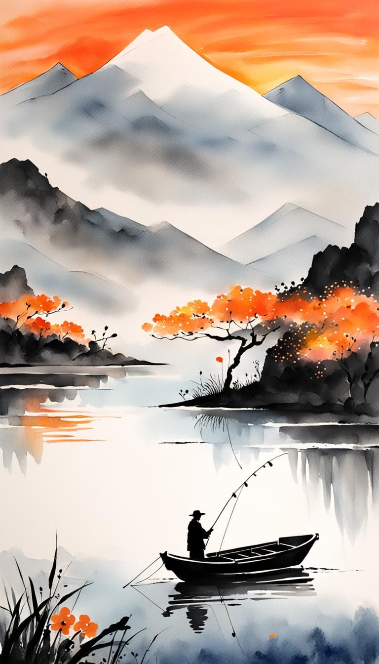 Minimalist Ink Painting of Angler on Lake at Sunset
